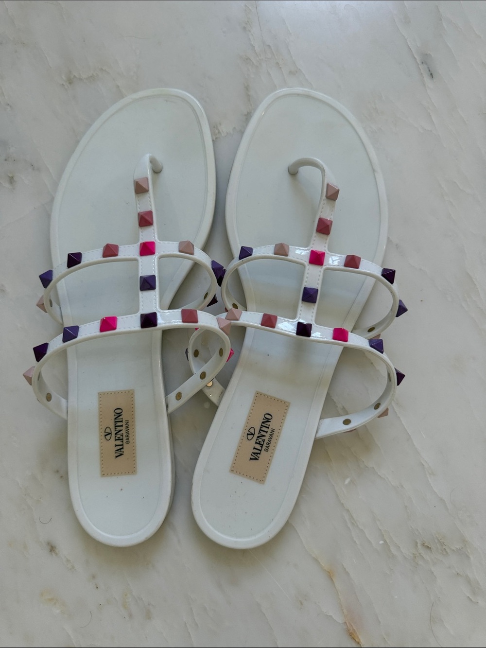 Valentino White Leather Flat Sandals with Pink and Purple Pyramid Studs
